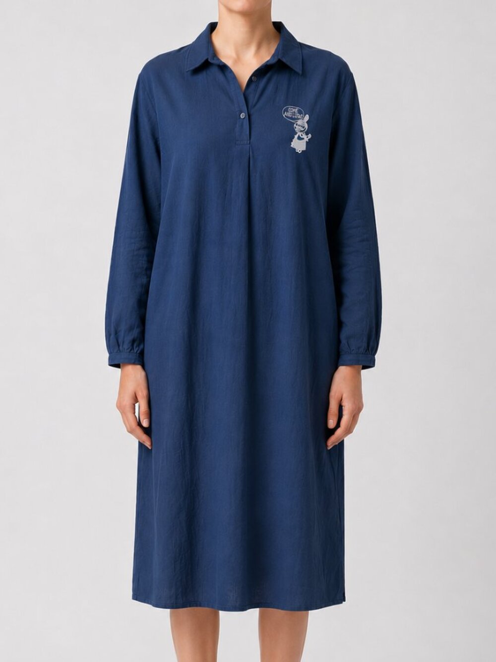 Moomin Little My Navy Blue Midi Shirt Dress Long Sleeve Collared Oversize